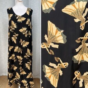 Harari black shift sleeveless long fan dancer print dress